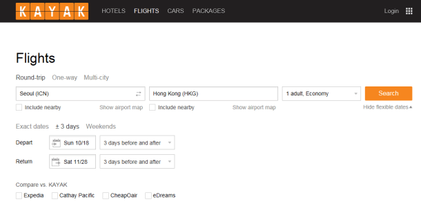 1 Kayak 비행기 검색